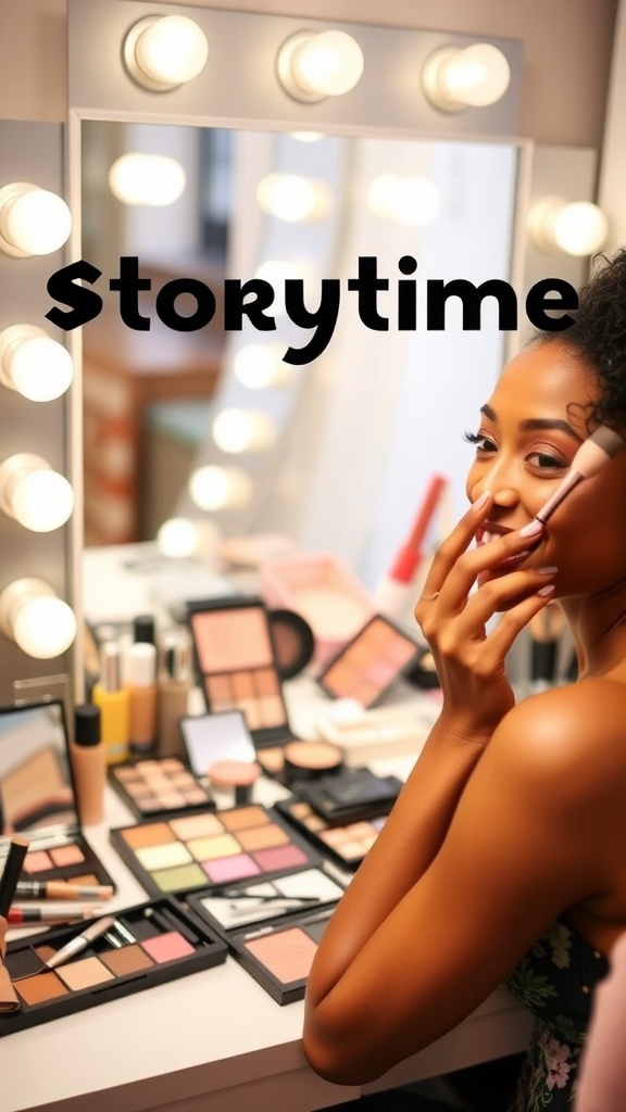 A makeup vanity with beauty products and a person applying makeup, creating a warm and inviting atmosphere.